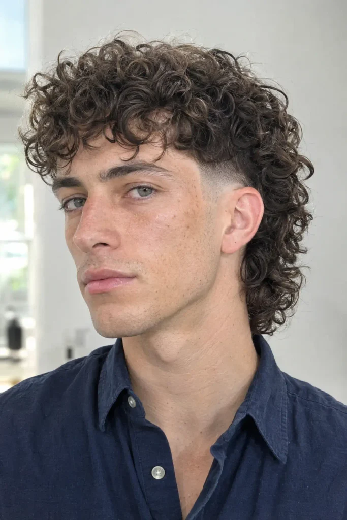 Permed burst fade mullet for men with loose textured curls on top and a layered back