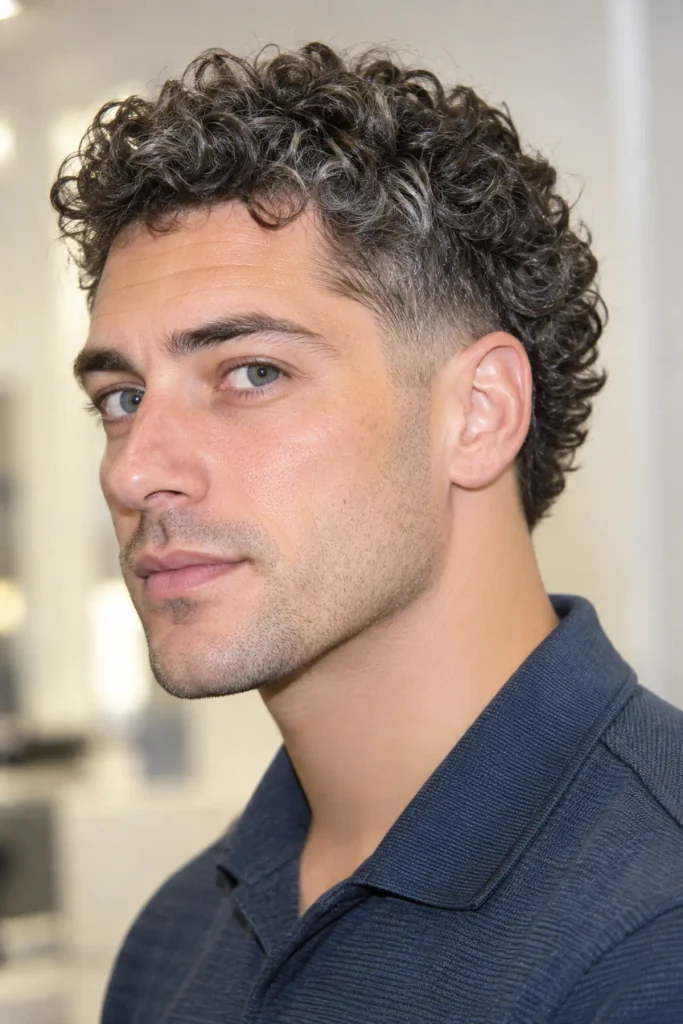 Mature man with salt-and-pepper curls and a low burst fade, featuring natural gray texture, a soft line-up, and a polished finish.