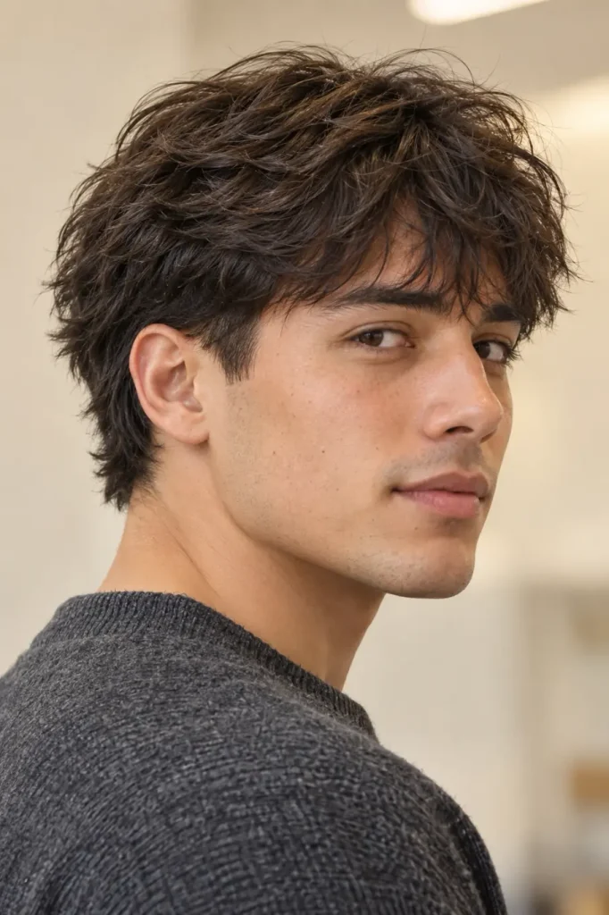Men's shag haircut with a low taper, textured crown, and softly layered fringe