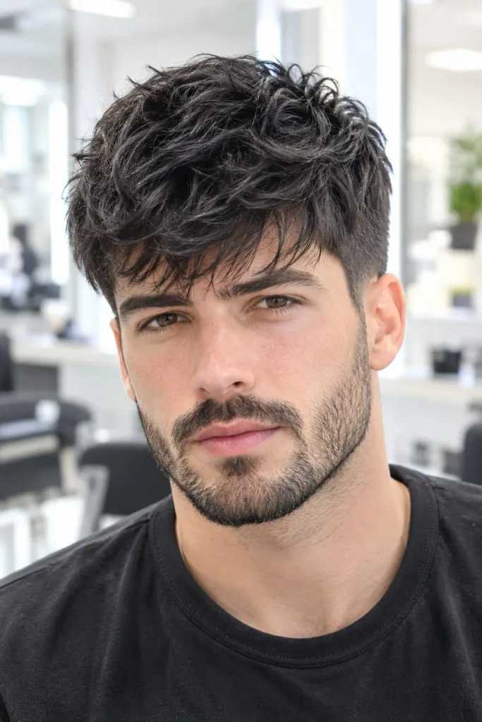 Men's shag haircut with textured medium-length hair and a neatly blended beard