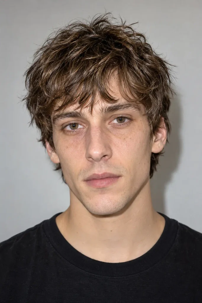 Men's shaggy crop haircut with choppy short layers, a broken fringe, and natural texture