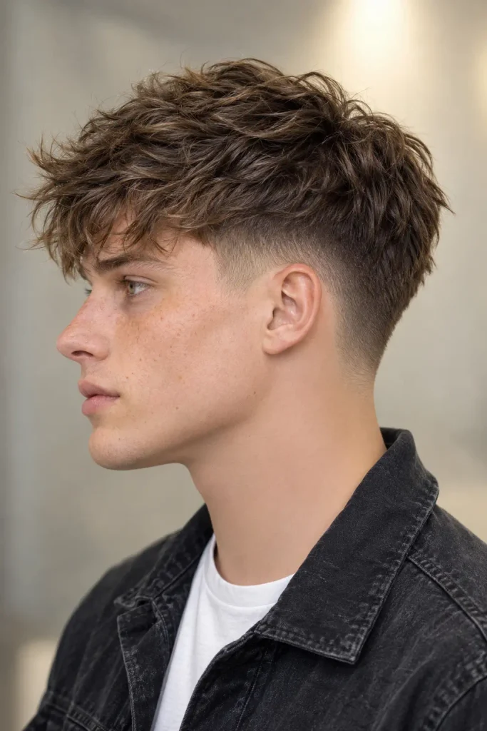 Men's shaggy fade haircut with a voluminous textured top and short faded sides