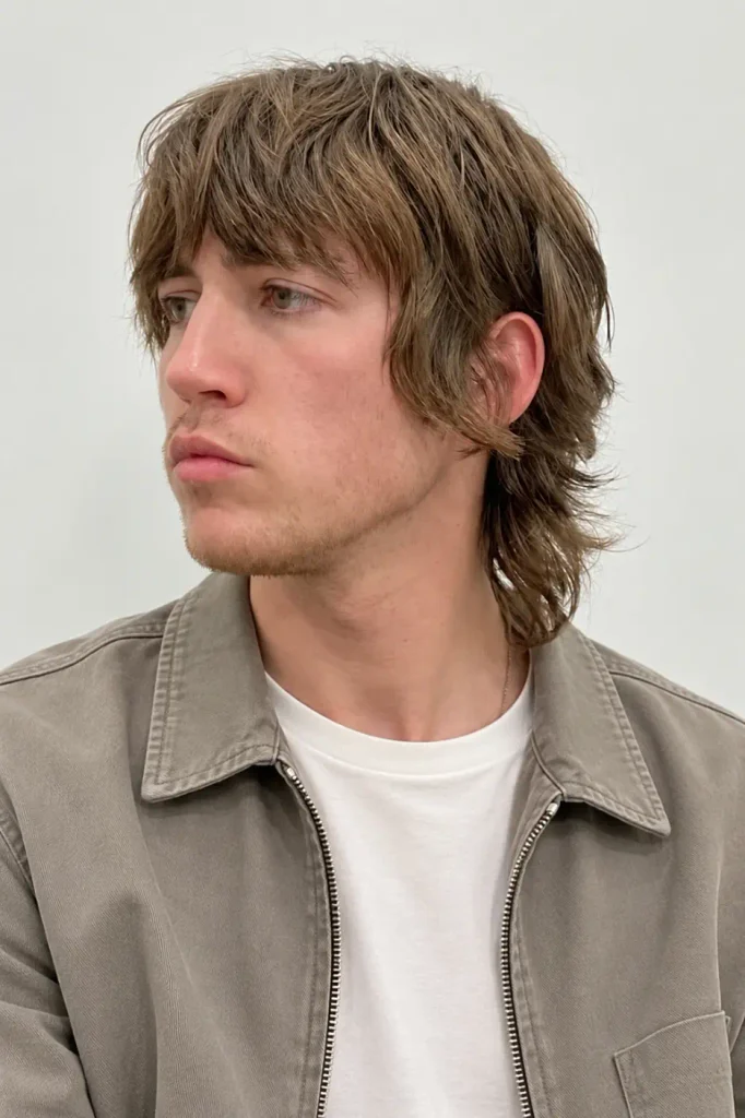 Men's shaggy flow haircut with swept-back layers, natural waves, and feathered ends