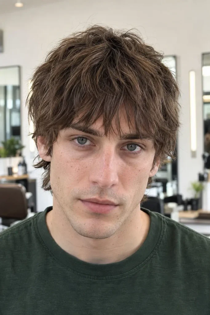 Men's shaggy fringe haircut with eyebrow-length bangs and textured crown layers