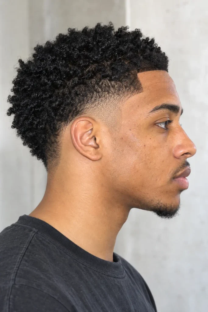 Man with short coily hair, a sharp front line-up, and a mid burst fade haircut with clean temple edges.
