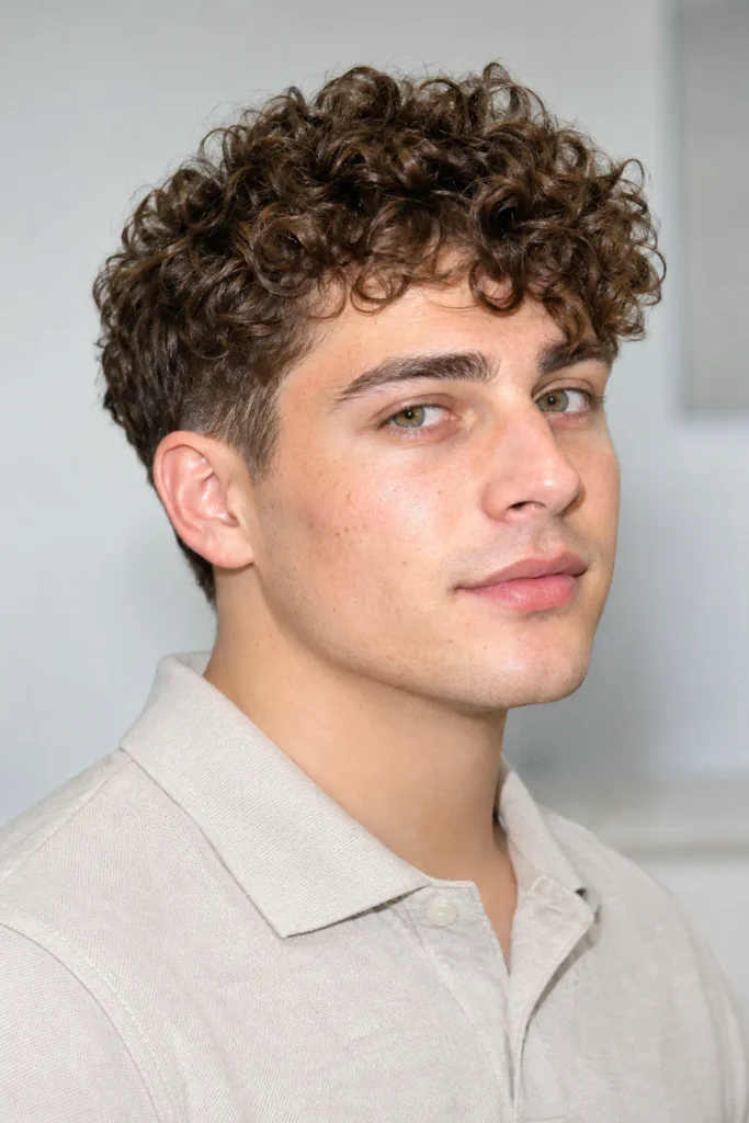Short curly crop with taper