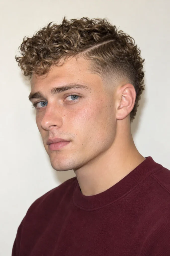 Man with short textured curls, a shaved hard part, and a mid burst fade haircut with sharply defined sides.