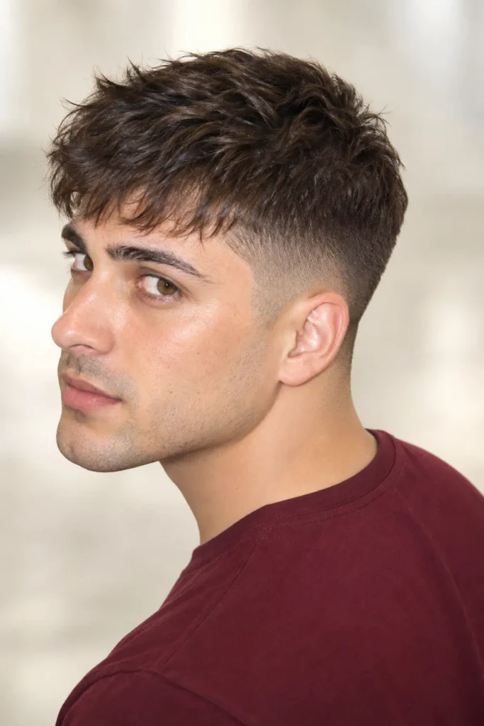  Short fluffy fringe with buzzed back and sides