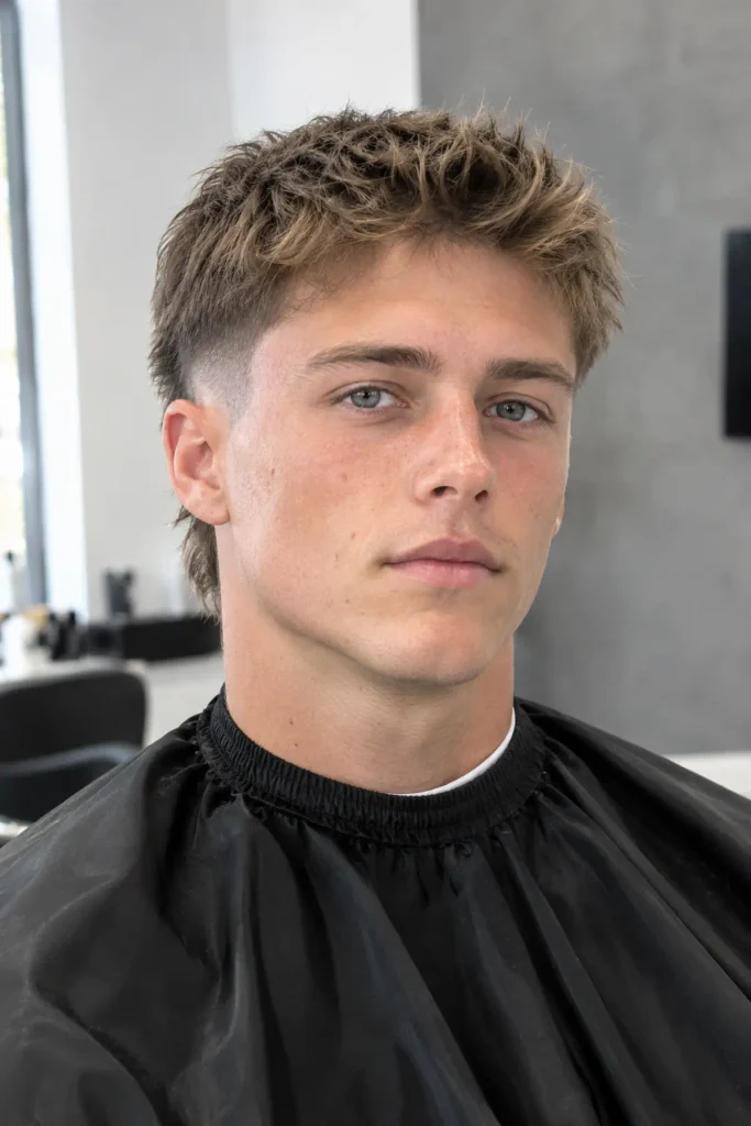 Short burst fade mullet for men with a low curved fade and a subtly longer back