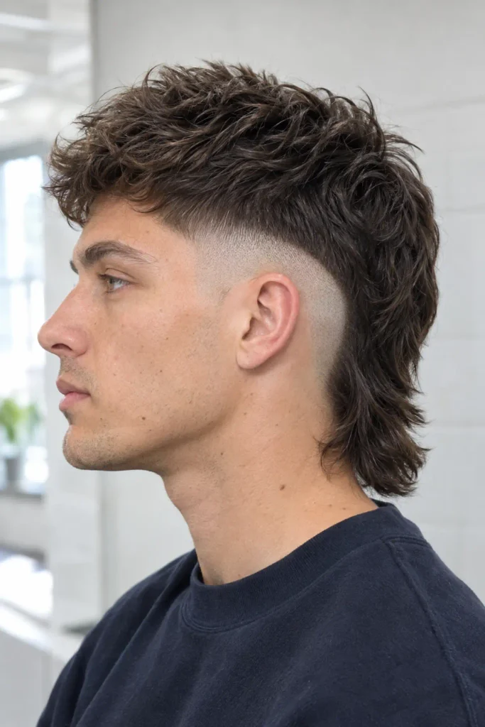 Skin burst fade mullet haircut for men with a clean bald fade around the ear and longer back
