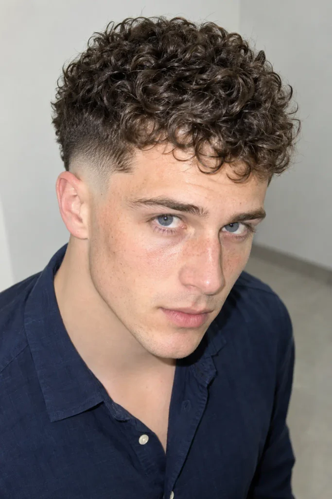 Man with a skin burst fade and short curly top, featuring a close shaved finish behind the ears and strong contrast with the curls.