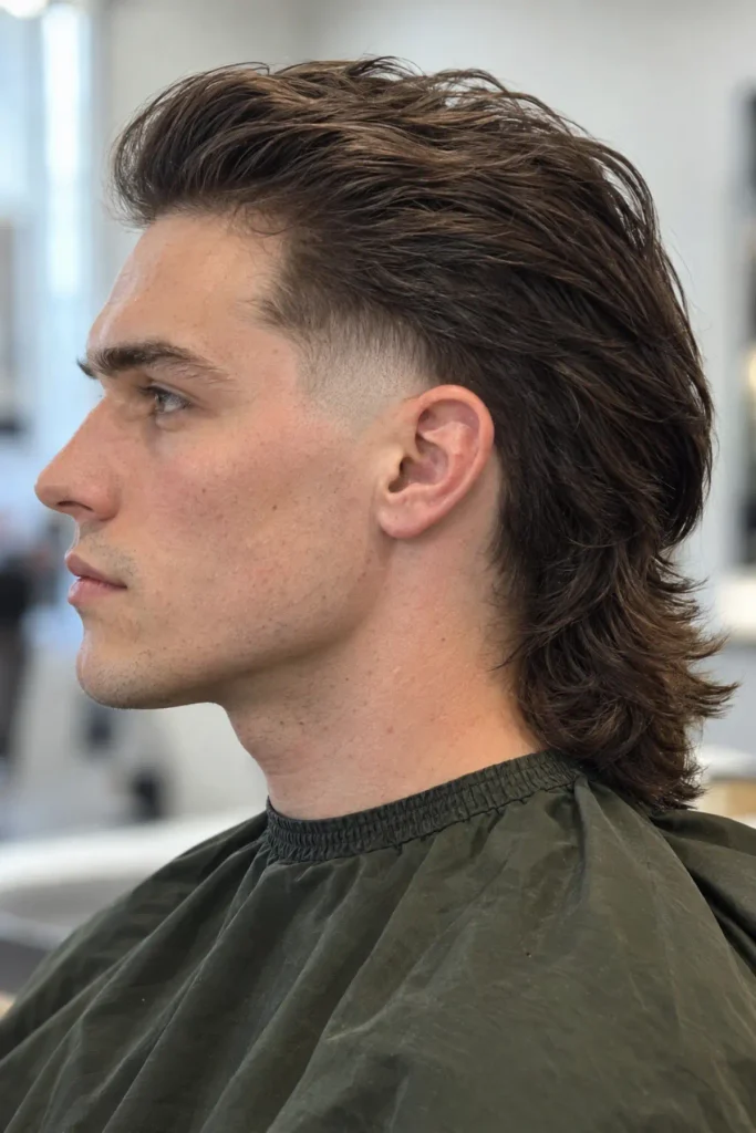 Slick back burst fade mullet for men with swept back hair and a clean curved side fade