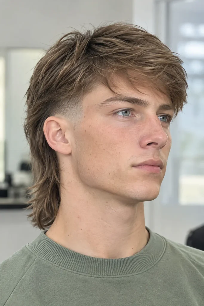 Straight hair burst fade mullet for men with smooth layered hair and a collar length back