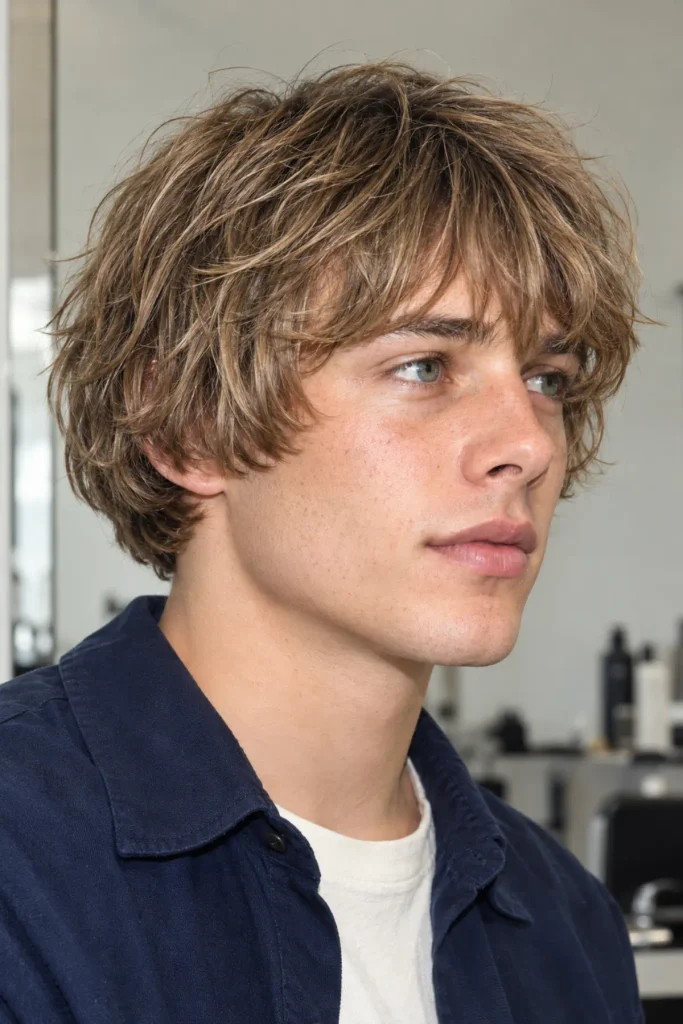 Textured messy pageboy haircut for men with tousled hair and choppy fringe