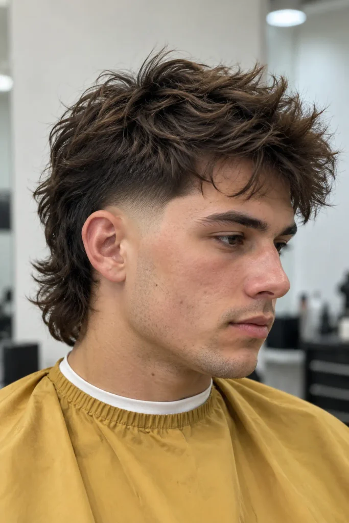 Textured messy top burst fade mullet for men with choppy layers and a curved fade around the ears