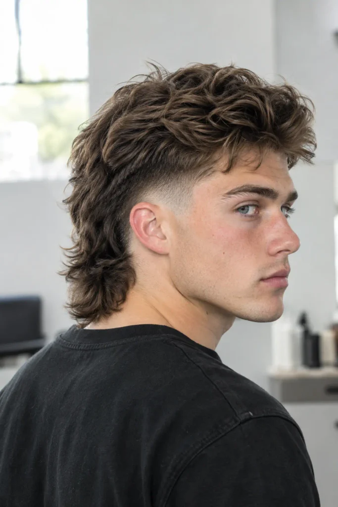 Thick hair burst fade mullet for men with dense textured hair and a full layered back