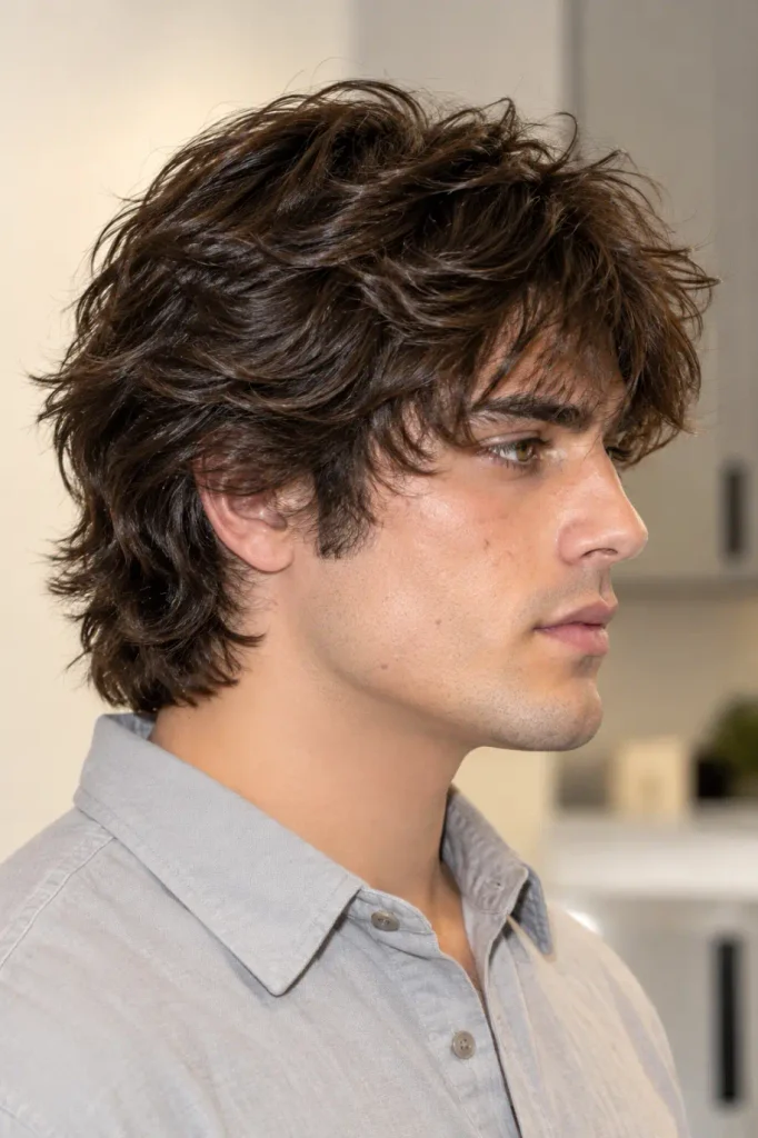 Men's thick hair shag haircut with interior layers, controlled volume, and feathered ends