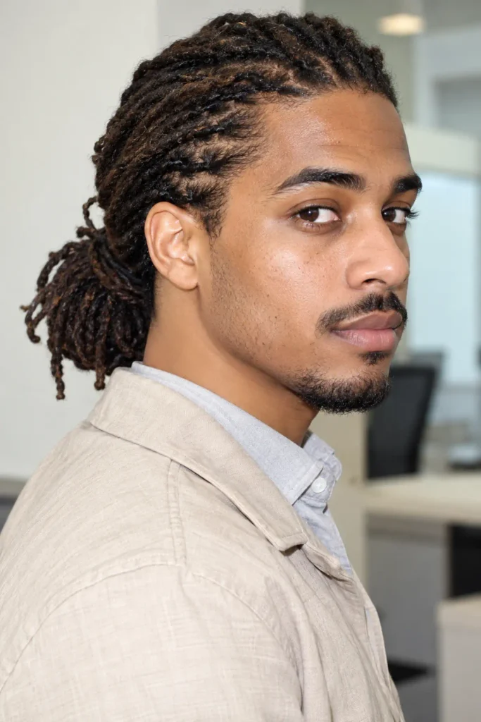Neat locs tied back for a professional look