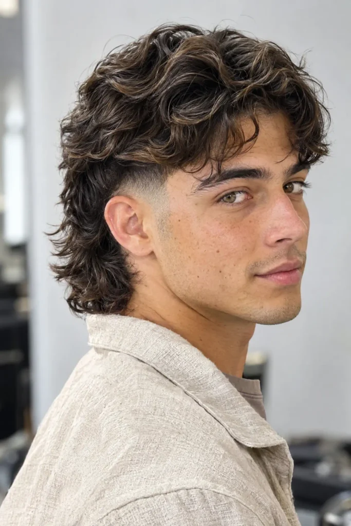 Wavy burst fade mullet haircut for men with natural waves on top and longer layered back