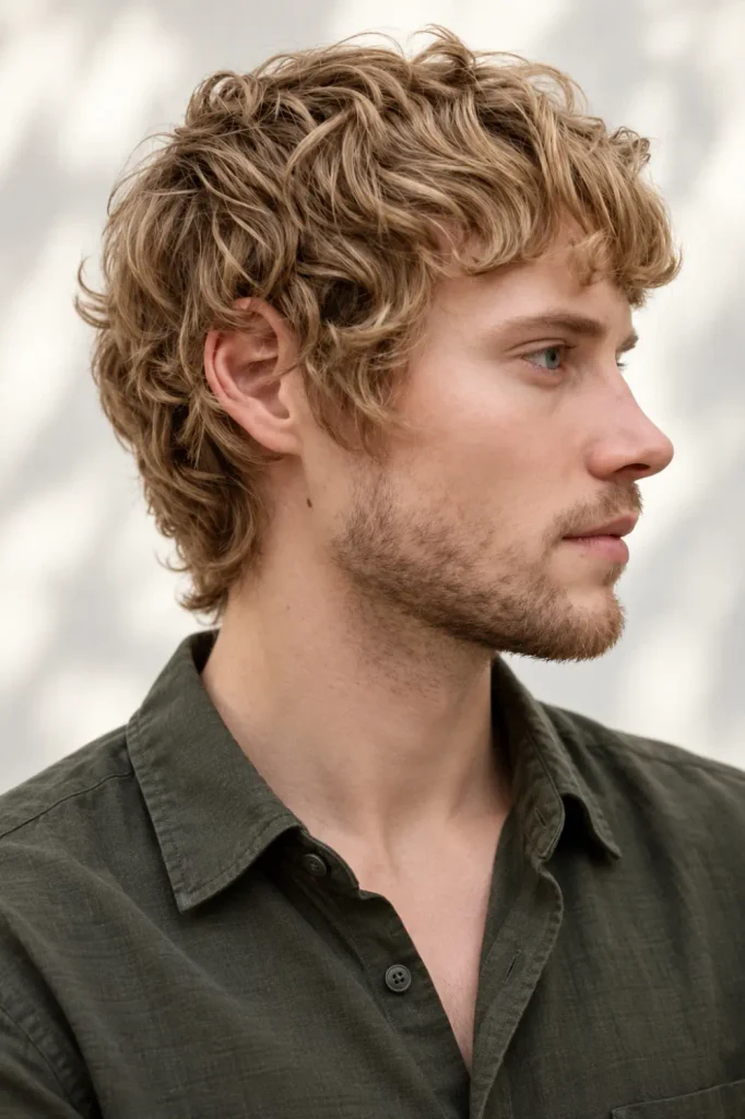 Men's surfer shag haircut with tousled waves, a loose fringe, and sun-kissed brown hair