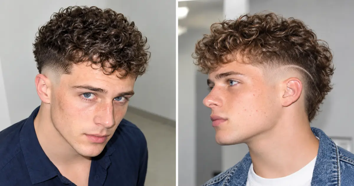 Men’s burst fade haircuts for curly hair, featuring 25 stylish looks with short curls, curly mullets, mohawks, afros, and clean faded sides.
