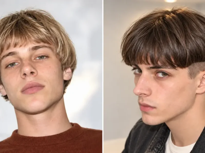 Modern pageboy haircut for men with a rounded shape and textured fringe