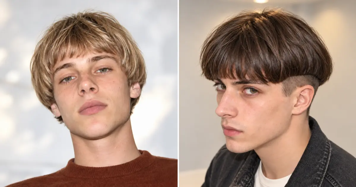 Modern pageboy haircut for men with a rounded shape and textured fringe
